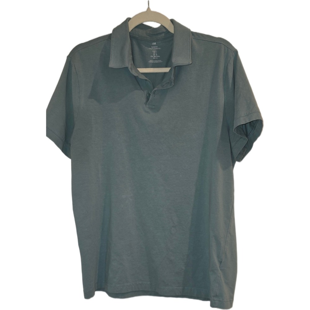 HM Mens Slim Fit Polo Shirt Large Sage Green Short Sleeve Cotton Blend Casual